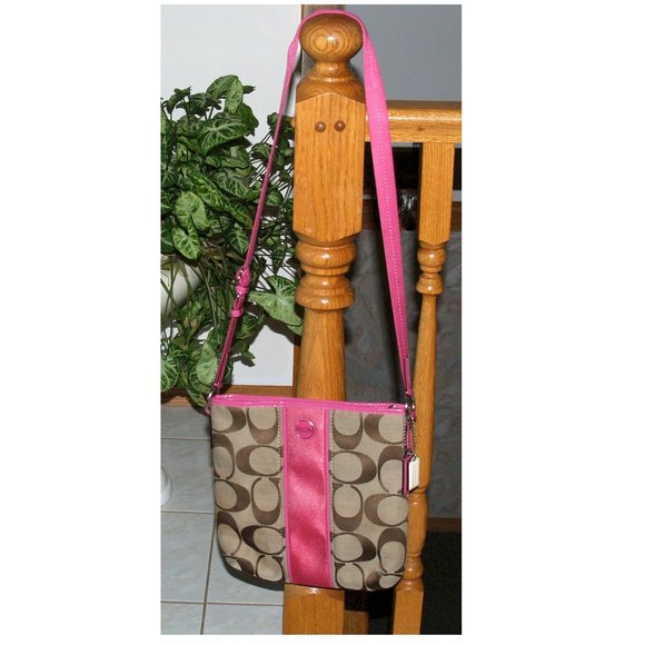 Coach F21905 Signature Pink Stripe - Khaki with Pink Shoulder Bag - Picture 2 of 7
